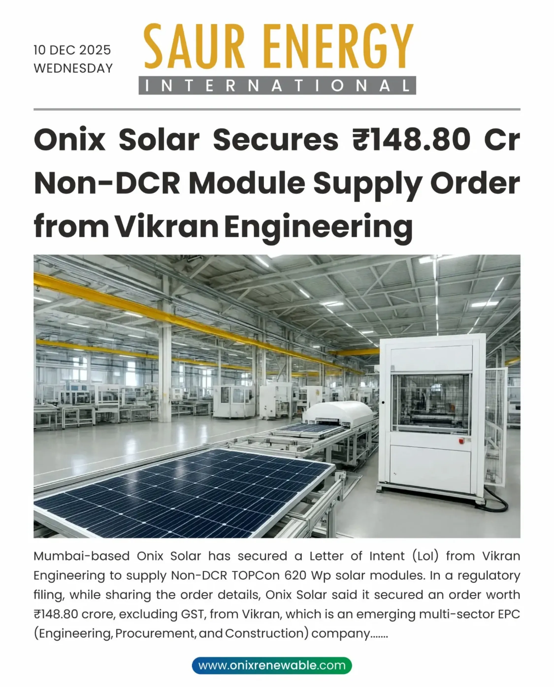 Onix Solar Wins ?148.80 Cr Non-DCR Module Supply Order from Vikran Engineering, Strengthening Solar Manufacturing Growth